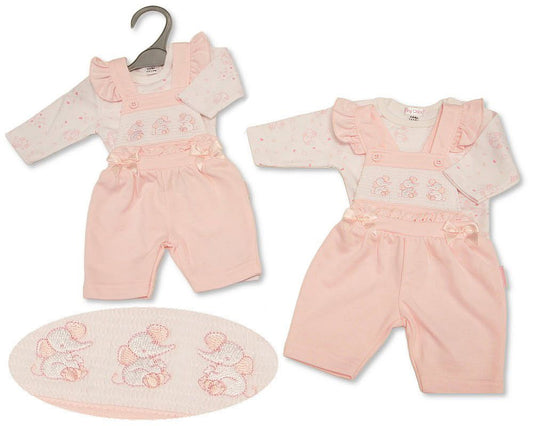 Premature Baby Girls 2 pcs Dungaree Set with Smocking - Elephant (PK6) (3-8lbs) PB-20-754