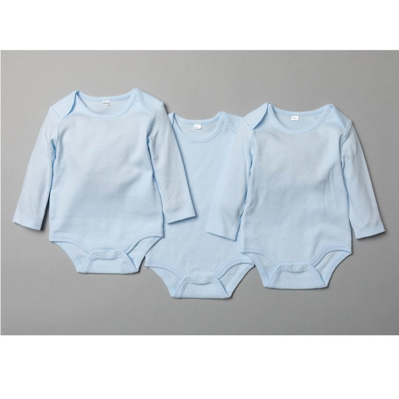 3 Pack Long Sleeve Bodysuits Plain Sky Blue (0-12 Months)-T20803