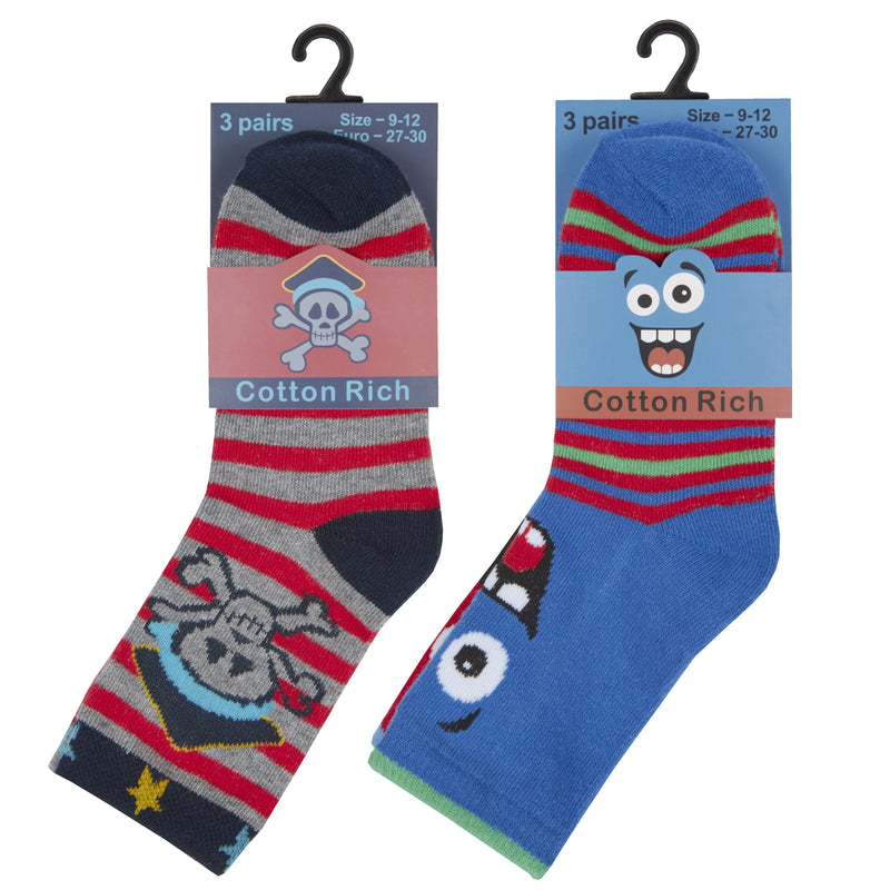 Baby Boys 3 Pack Design Socks - Monster & Pirates - (42B579) - Kidswholesale.co.uk