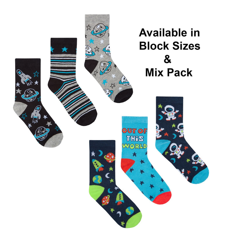 Boys 3 Pack Cotton Rich Design Socks - Space - Block & Mix - (42B595) - Kidswholesale.co.uk