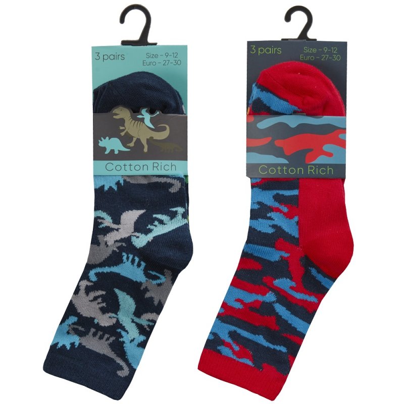 BOYS 3 PACK COTTON RICH DESIGN ANKLE SOCKS (ASSORTED SIZES) 42B730