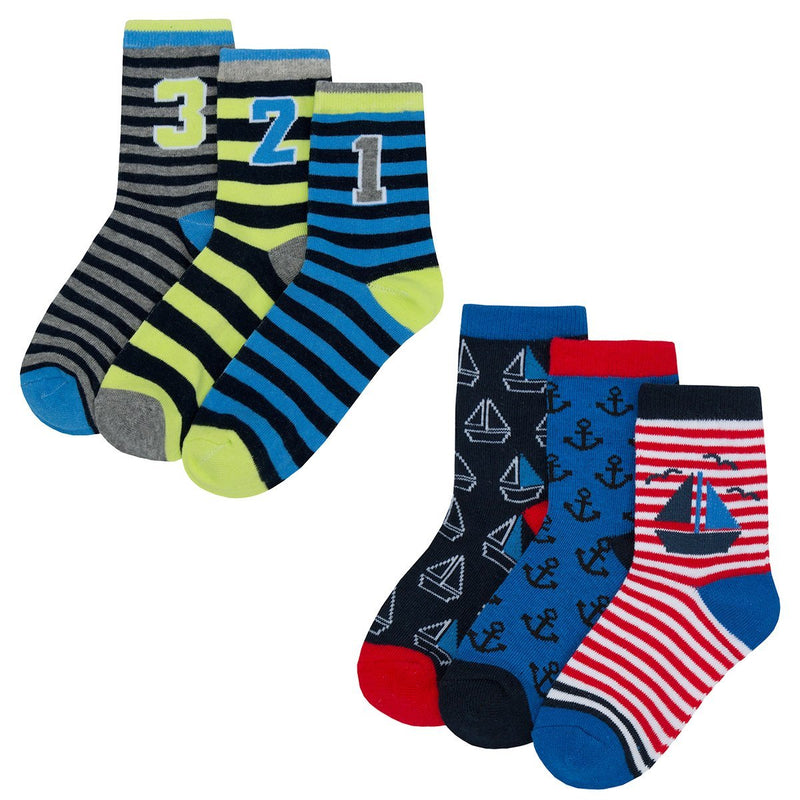 Boys 3 Pack Design Socks - Sail & Numbers - Block Size 6-8.5 (42B508) - Kidswholesale.co.uk