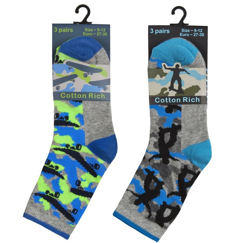 BOYS 3 PACK COTTON RICH DESIGN ANKLE SOCKS (ASSORTED SIZES) 42B695