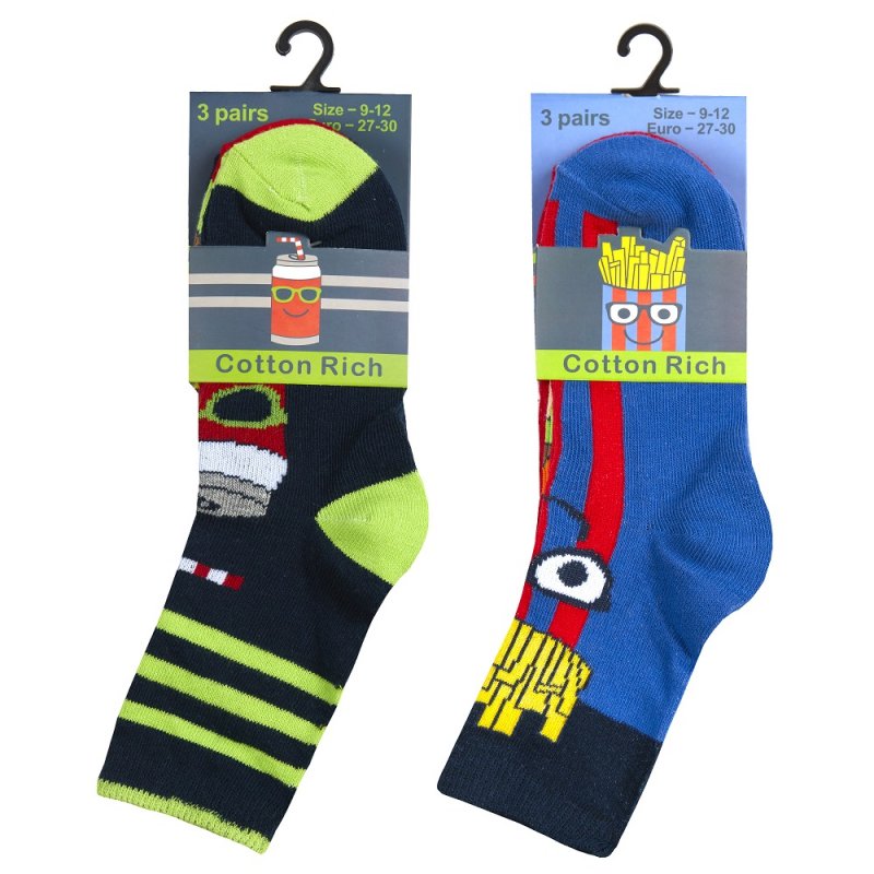 BOYS 3 PACK COTTON RICH DESIGN ANKLE SOCKS (ASSORTED SIZES) 42B699
