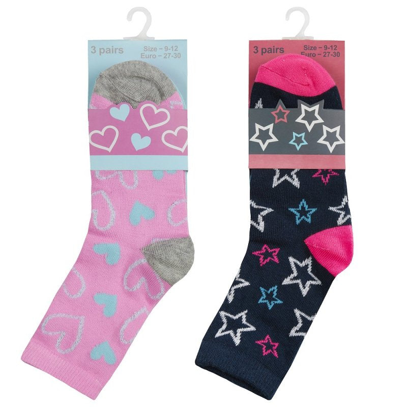 GIRLS 3 PACK COTTON RICH DESIGN ANKLE SOCKS (ASSORTED SIZES) 43B680