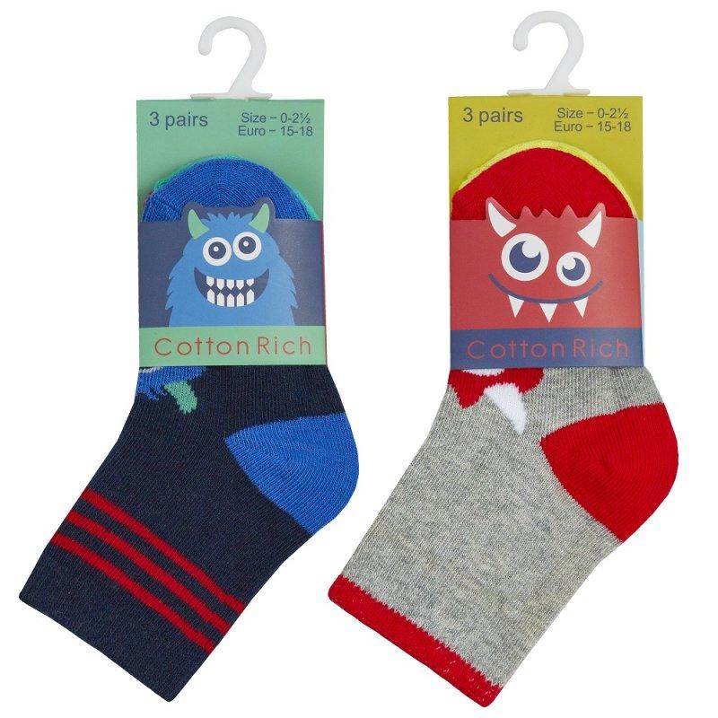 Boys 3pk Cotton Rich Ankle Socks - Monster (0-3.5) 44B863 - Kidswholesale.co.uk