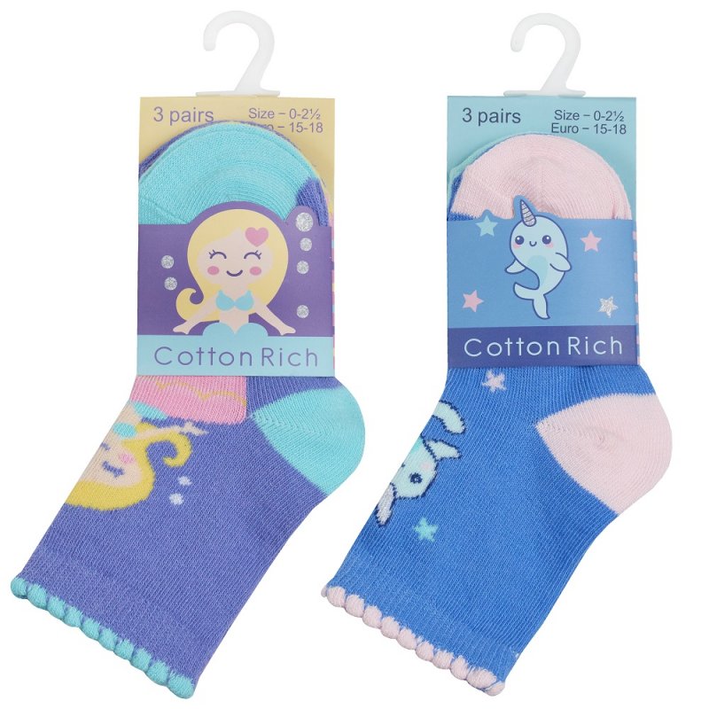 BABY GIRLS 3 PACK COTTON RICH DESIGN ANKLE SOCKS (ASSORTED SIZES) 44B876