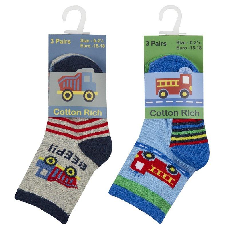 Boys 3pk Cotton Rich Ankle Socks - Cars/Trucks (0-3.5) 44B887 - Kidswholesale.co.uk