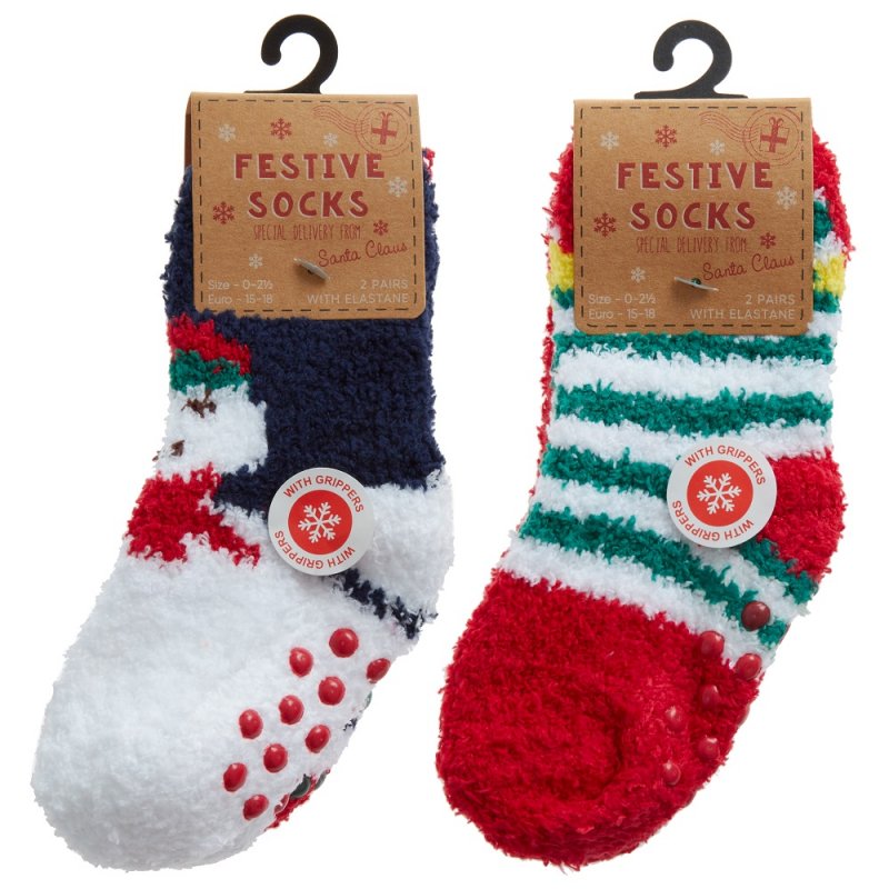 BABY CHRISTMAS 2 PACK COSY SOCKS WITH GRIPPERS (0-0, 0-2.5, 3-5.5) 44B970