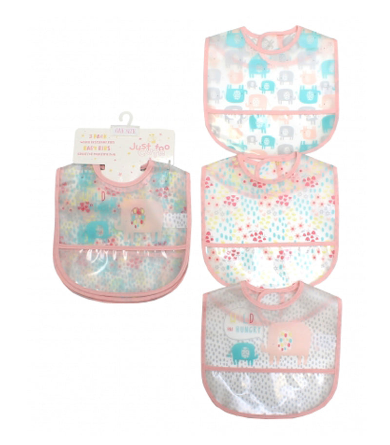 3 PACK GIRLS CLEAR PEVA BIBS - WILD AND HUNGRY ELEPHANTS (ONE SIZE) 65JTC8879