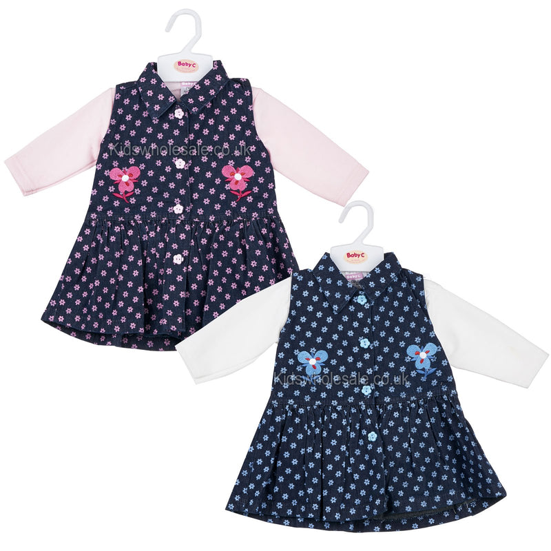 Baby Girls L/S 2Pc Denim Dress - Flowers - 0-9M (7412) - Kidswholesale.co.uk
