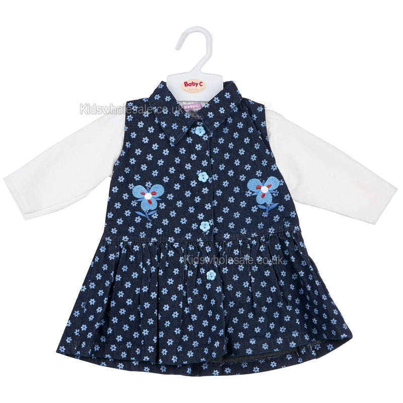 Baby Girls L/S 2Pc Denim Dress - Flowers - 0-9M (7412) - Kidswholesale.co.uk