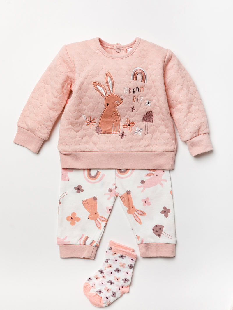 Baby Girls 3pc Quilted Top Set - Bunny (PK6) (0-12m) A24378