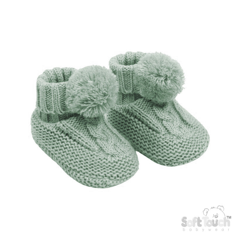 Sage Green 'Elegance' Cable Knit Bootees w/Pom Pom (NB-12 Months) (PK6) ABO12-SG