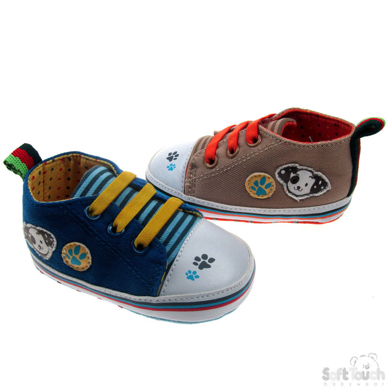BOYS COTTON TWILL TRAINERS WITH CONTRAST LACES & DOG PATCH: (B2140)