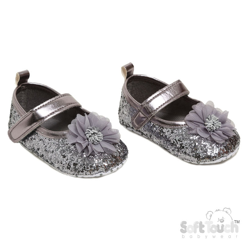 Grey Glitter Shoes With Flower (6-15 Months) (PK6) B2268-G