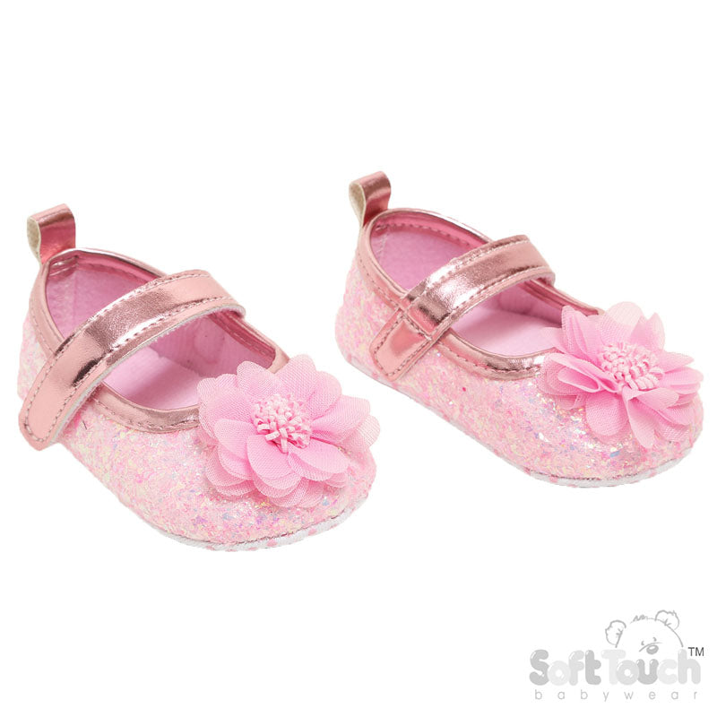 Pink Glitter Shoes With Flower (6-15 Months) (PK6) B2268-P