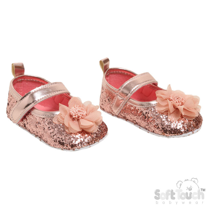 Rose Gold Glitter Shoes With Flower (6-15 Months) (PK6) B2268-RO