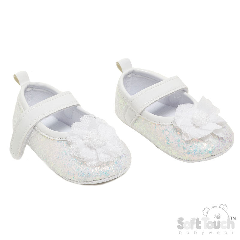 White Glitter Shoes With Flower (6-15 Months) (PK6) B2268-W