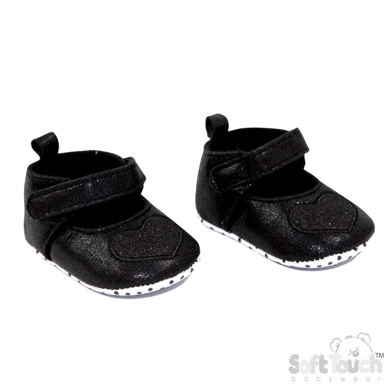 Black Shiny Shoes With Glitter Heart And Velcro Strap  (6-15 Months) (PK6) B2282-BLK