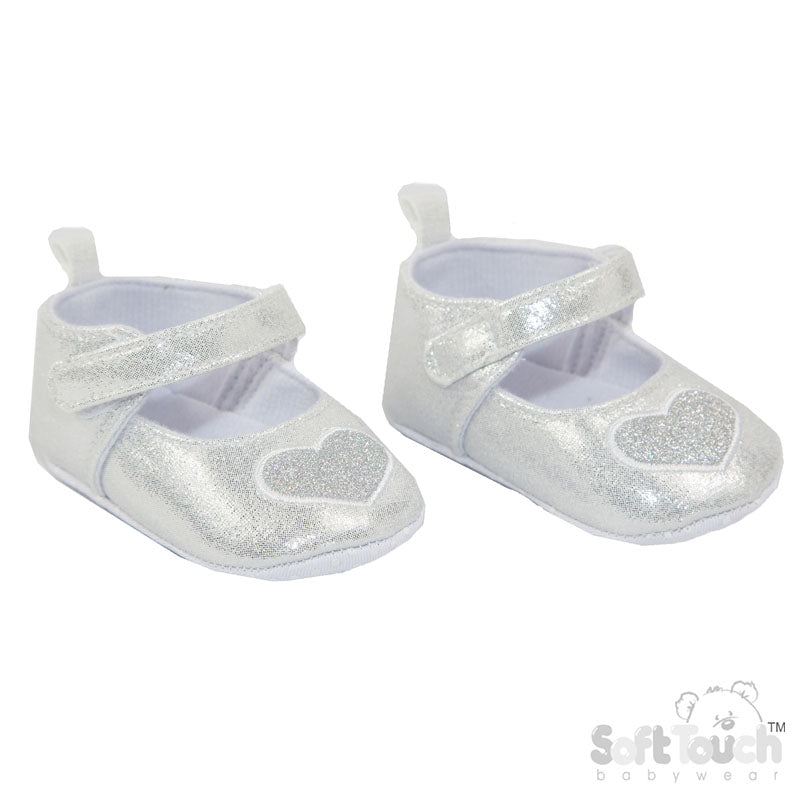 Silver Shiny Shoes With Glitter Heart And Velcro Strap  (6-15 Months) (PK6) B2282-S
