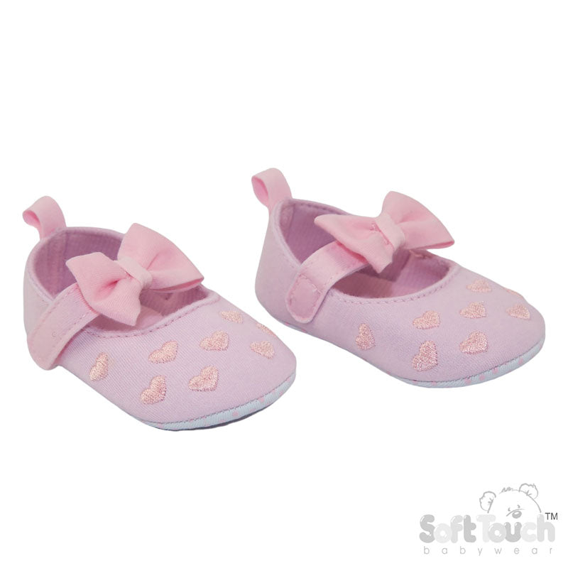 Pink Cotton Slip On Shoes With Heart Embroidery And Matching Bow (6-15 Months) (PK6) B2284-P