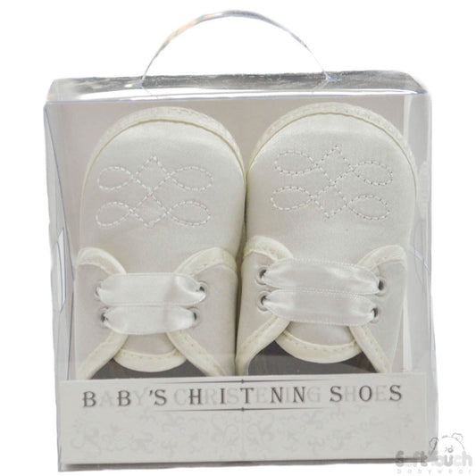 BOYS SATIN SHOES CHRISTENING W/EMBROIDERY & RIBBON TIES: (B92-C)