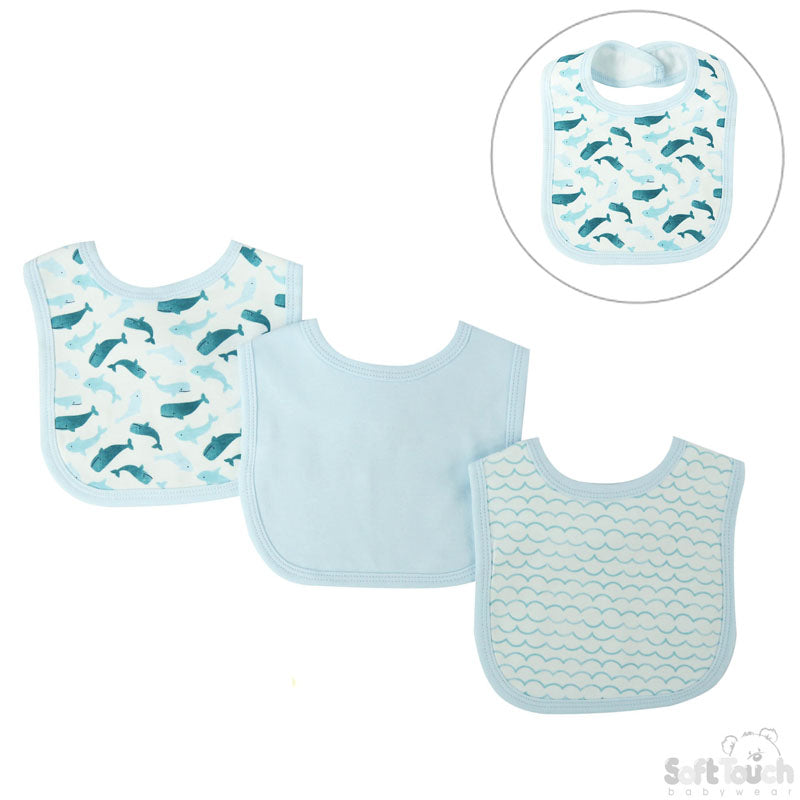 Boys 3 Pack Velcro Bibs: CC204-B (Whale)