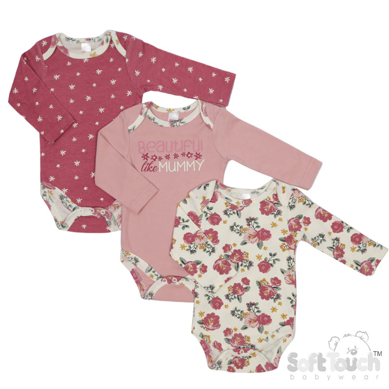 3 PACK LONG SLEEVED BODYSUITS - FLORAL/BEAUTIFUL (Pack Of 6) (0-6 Months) CC210-BS