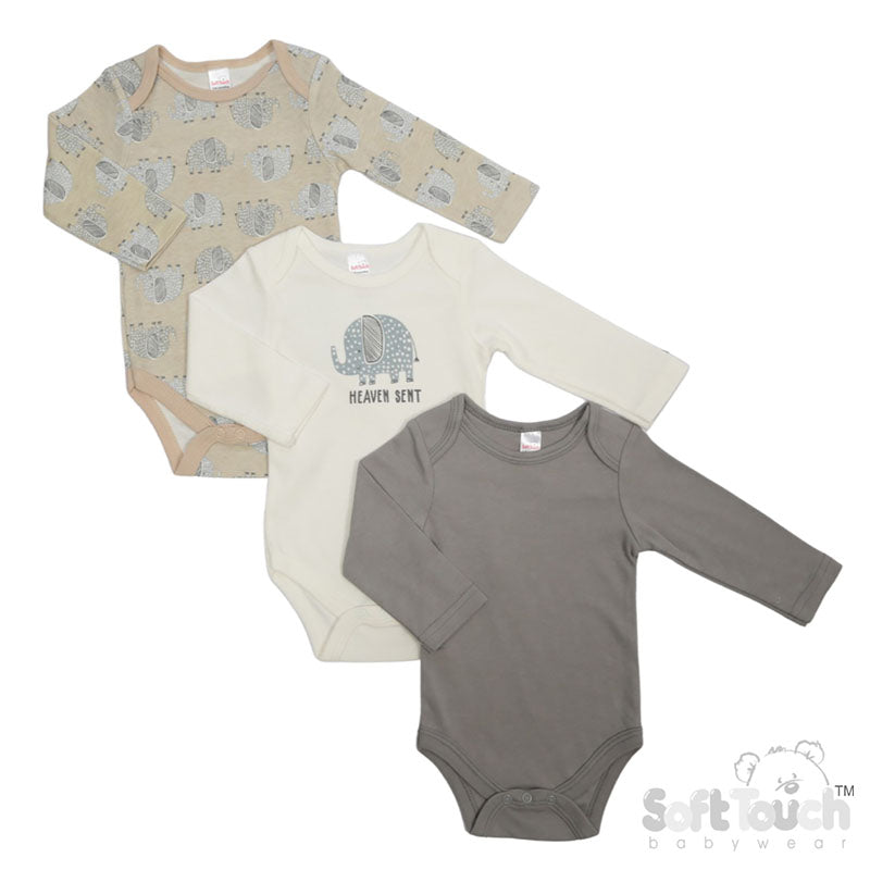 3 PACK LONG SLEEVED BODYSUITS - ELEPHANT (Pack Of 6) (0-6 Months) CC213-BS