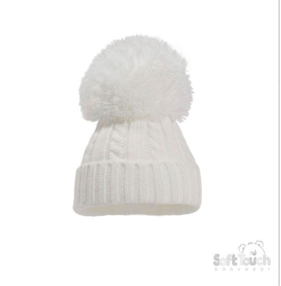 White 'Elegance' Cable Knit Hat w/Pom Pom : H652-W-MED