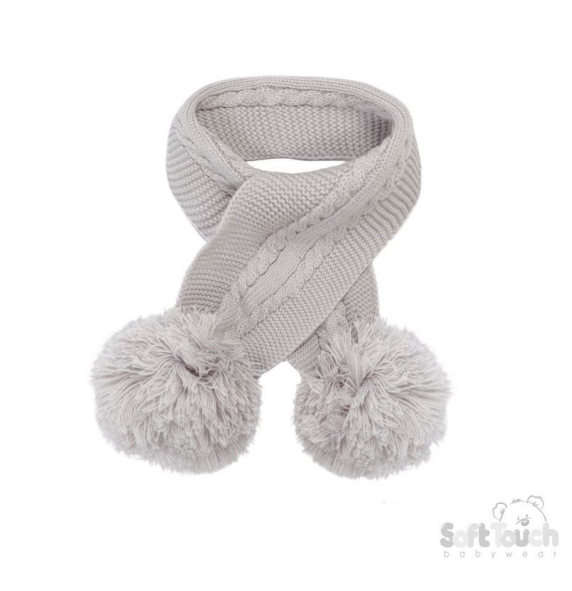 Grey 'Elegance' Cable Knit Scarf w/Pom  Poms : SC12-G