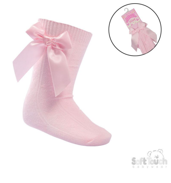 Pink 'Adorable' Knee Length Socks w/Satin  Bow : S141-p  0-24mths