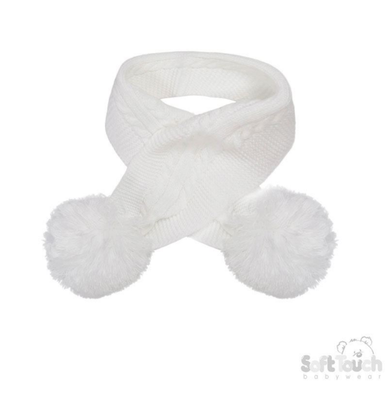 White 'Elegance' Cable Knit Scarf w/Pom  Poms : SC12-W