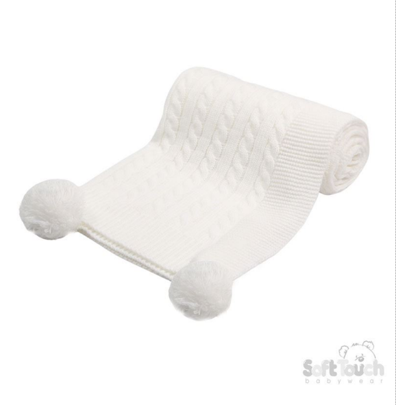 White 'Elegance' Cable Knit Wrap w/Pom Pom : ABP12-W