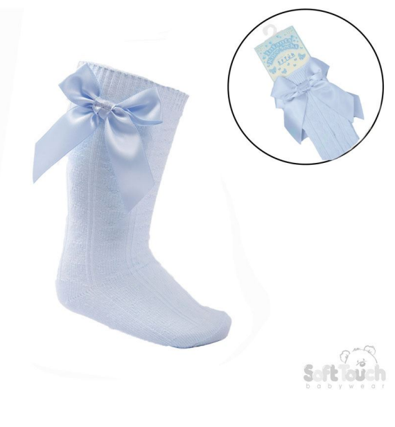 Blue 'Adorable' Knee Length Socks w/Satin  Bow : S141-B