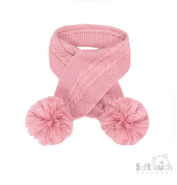 Name: Dusty Pink 'Elegance' Cable Knit Scarf  w/Pom Poms : SC12-DP
