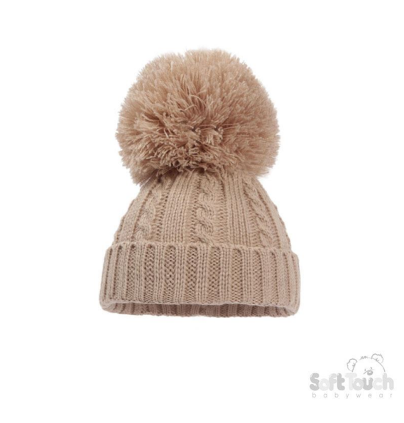 Coffee 'Elegance' Cable Knit Hat w/Pom Pom : H650-COF-SM