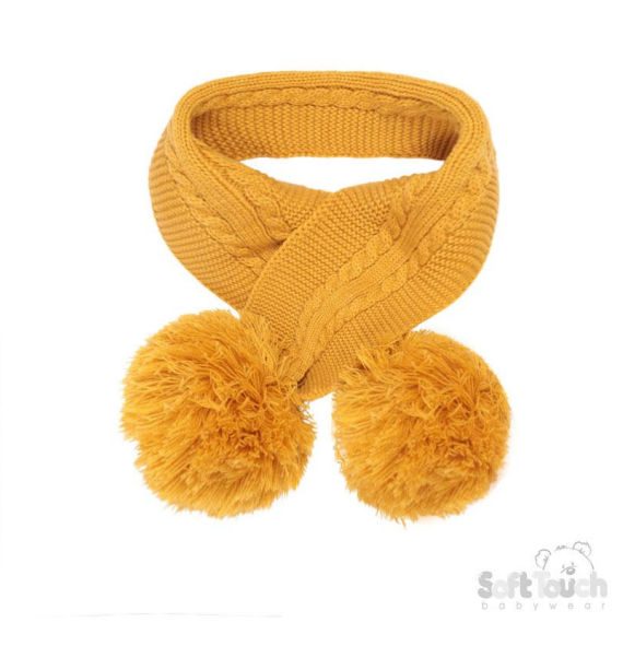 Mustard 'Elegance' Cable Knit Scarf w/Pom  Poms : SC12-M