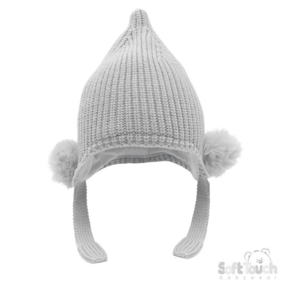 Grey Chenille Knit Hat w/Faux Fur Pom  Poms (NB-12 Months) H642-G-SM
