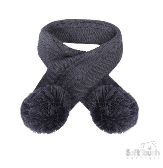 Steel Blue 'Elegance' Cable Knit Scarf w/Pom  Poms : SC12-SB