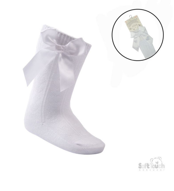White 'Adorable' Knee Length Socks w/Satin  Bow : S141-W