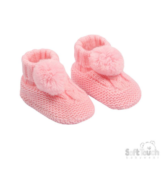 Pink 'Elegance' Cable Knit Bootees w/Pom Pom : ABO12-P