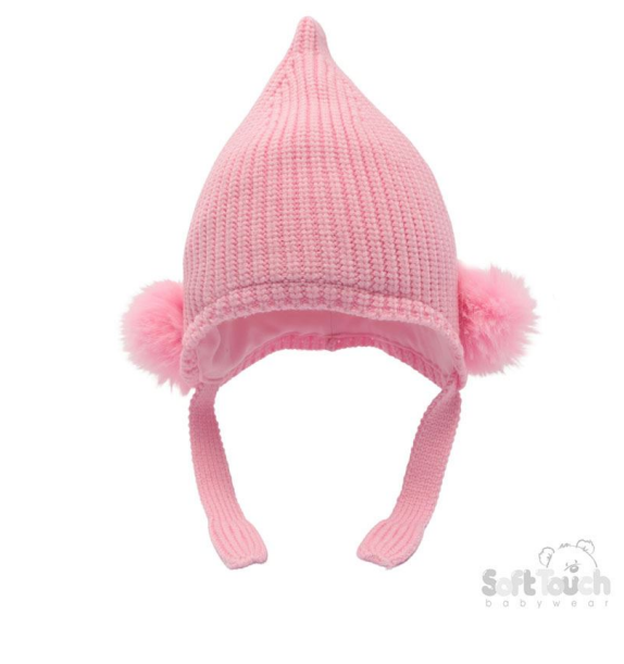 Pink Chenille Knit Hat w/Faux Fur Pom Poms (NB-12 Months) H642-P-SM