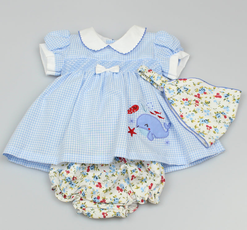 3pc Baby Check Dress Floral Pant Bandana Whale (0-9 Months)-DRS/GF1022
