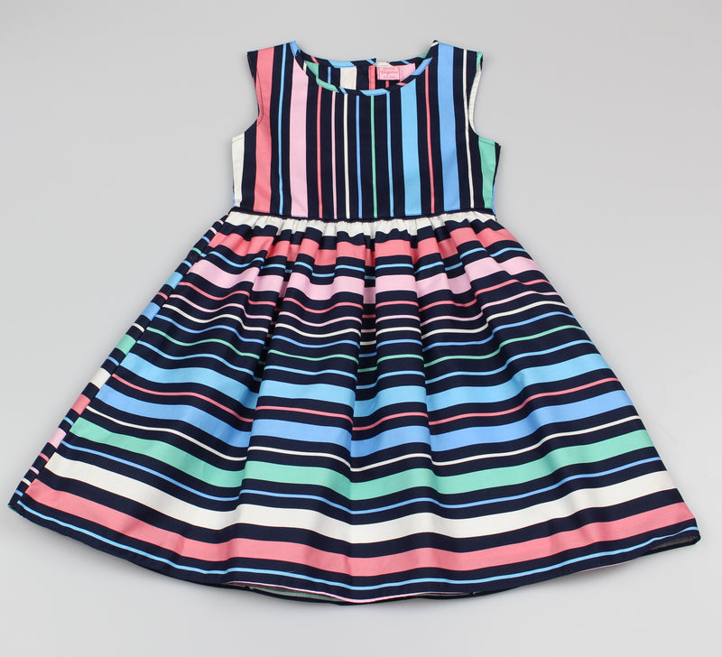 Girls All Over Print Navy/Candy Stripe Dress (3-8 Years0)-GF5025