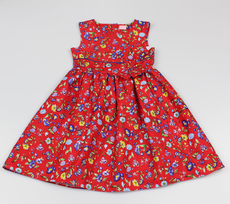 Girls All Over Print Red/Floral Dress (3-8 Years0)-GF5028