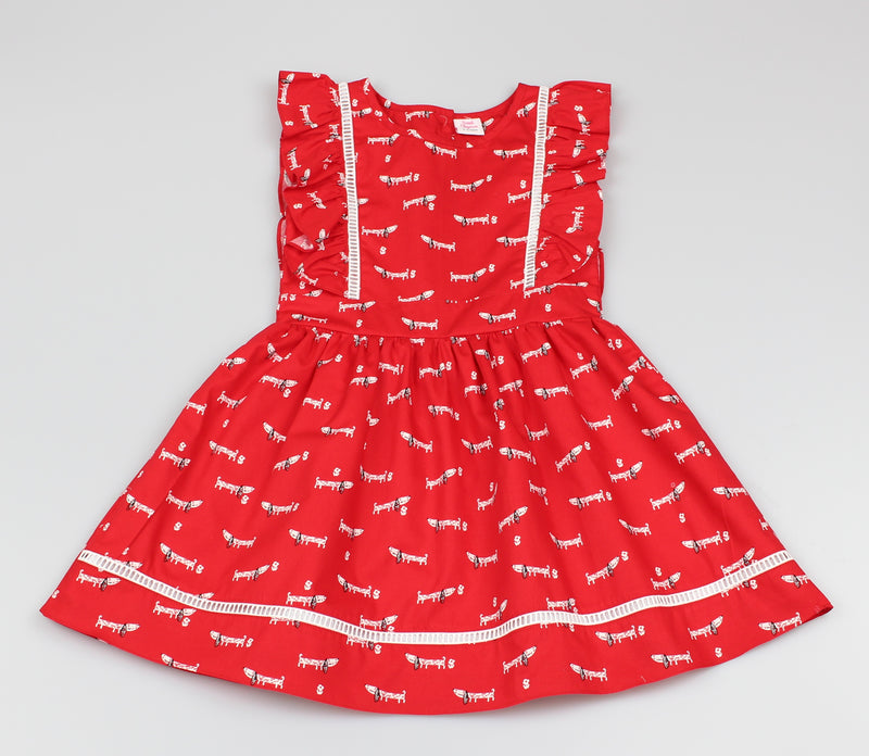 Girls All Over Print Red/Dachshund Dress (3-8 Years0)-GF5029