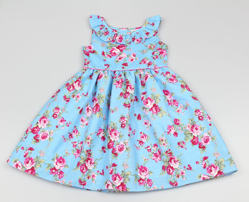 Girls All Over Print Turq/Pink Floral Dress (3-8 Years0)-GF5030