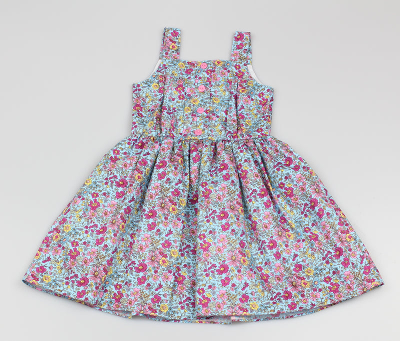 Girls All Over Print Blue/Pink Floral Dress (3-8 Years0)-GF5031